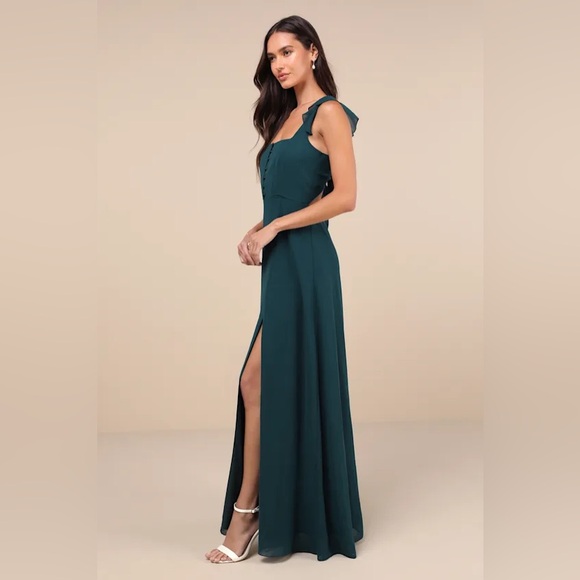 Lulu's Delightful Loveliness Emerald Green Ruffled Tie-Back Maxi Dress NWT - Picture 4 of 4